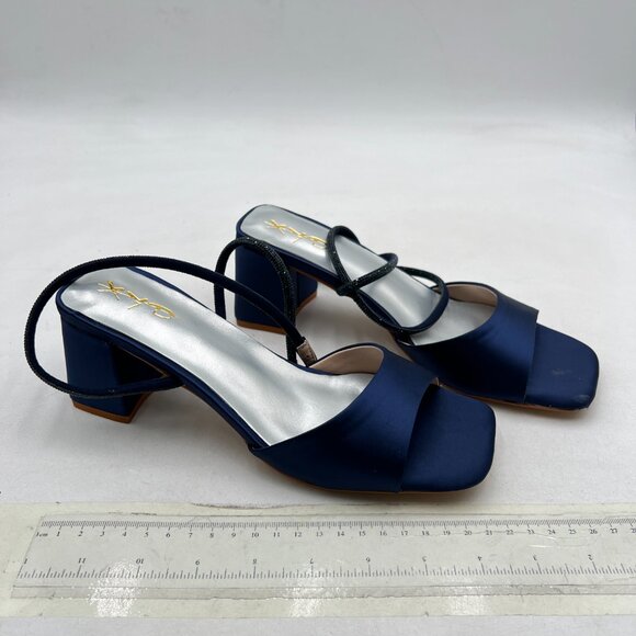 XYD Navy Open Toe Sandals Chunky Heels Rhinestone Ankle Strap with Buckle Shoes - Picture 4 of 8